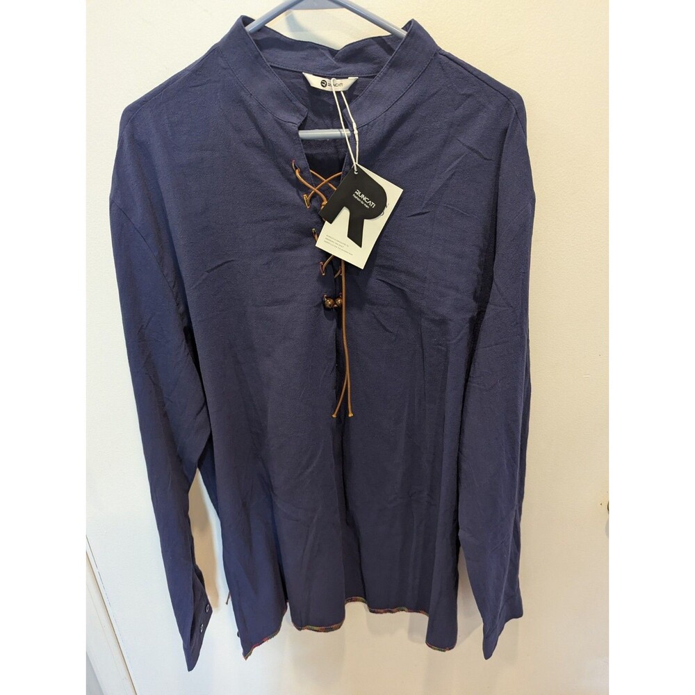 Runcati Mens Medieval Pirate Tunic Navy Cotton Lace Up Long Sleeve NWT